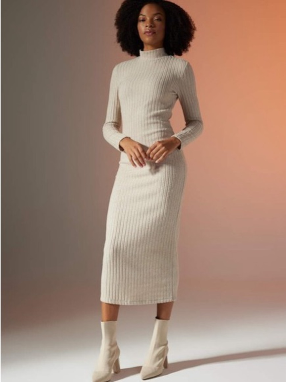 Long Sleeve Ribbed Turtleneck Maxi Dress - Cream
